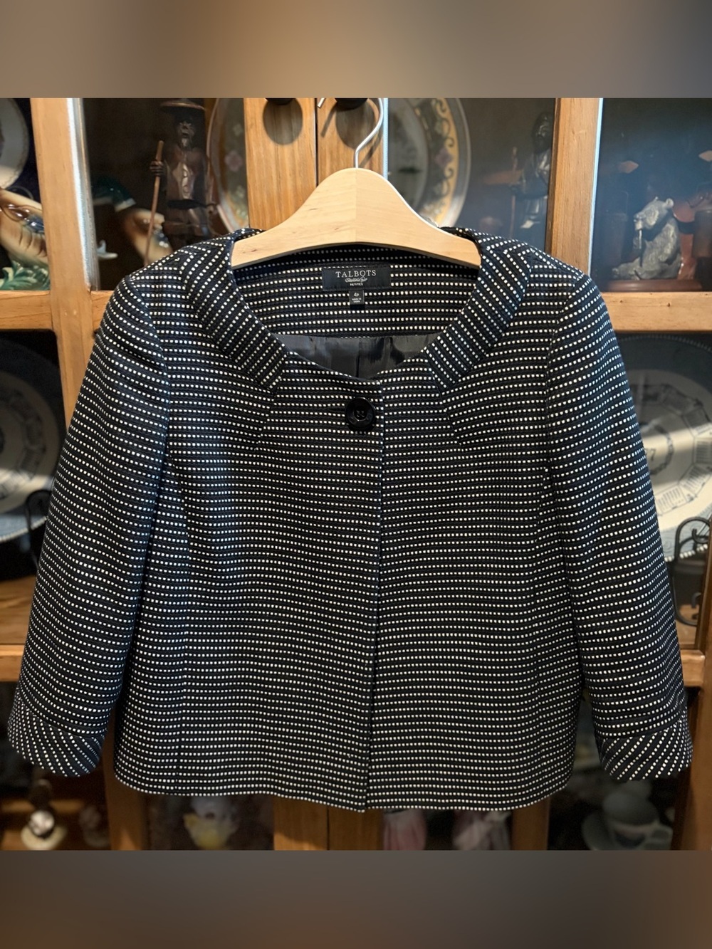 Talbots Black & White Dot Crop One Button Open Jacket Size 4 P